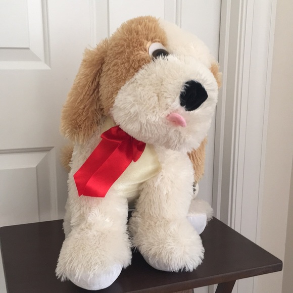 Large Puppy Stuffed Animal New White Tan Red Bow NWT - Picture 4 of 12